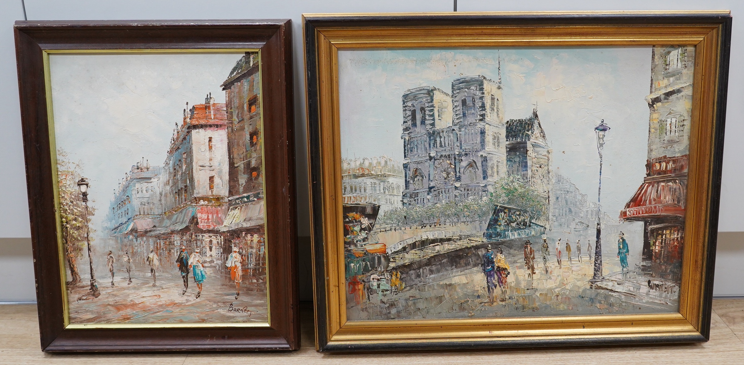 Caroline Burnett (1877-1950), two oils, one on canvas, Parisian Street scenes, each signed, largest 39 x 47cm. Condition - good